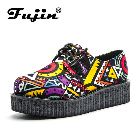 Fujin Brand Creepers Women Casual Shoes Round Toe Flat Platform Shoes Summer Women Shoes Fashion Lace-Up Suede Creepers Shoes