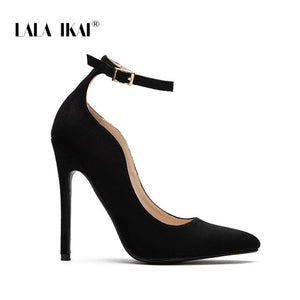 LALA IKAI Ladies Flock Curve Pumps Pointed Toe Buckle Strap Super High Heels For Wedding Sapato Salto Feminino 014C1293 -49