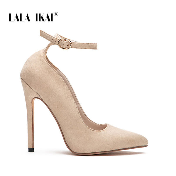 LALA IKAI Ladies Flock Curve Pumps Pointed Toe Buckle Strap Super High Heels For Wedding Sapato Salto Feminino 014C1293 -49