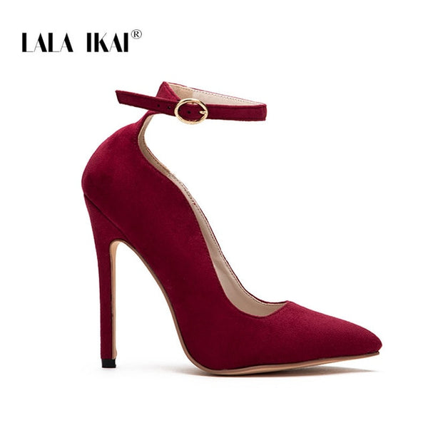 LALA IKAI Ladies Flock Curve Pumps Pointed Toe Buckle Strap Super High Heels For Wedding Sapato Salto Feminino 014C1293 -49