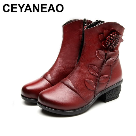 CEYANEAO Winter New Fashion Women Shoes Woman Flower Genuine Leather Ankle Boots Female Casual Soft Platform Vintage Ladies Boot