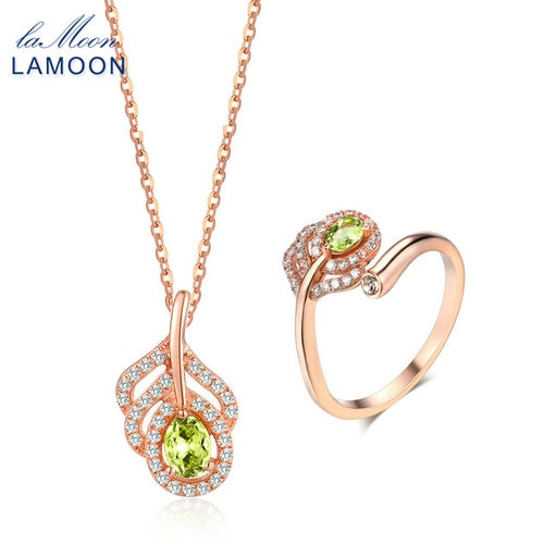 LAMOON Lovely 925 Sterling Silver Natural Oval Peridot Gemstone Jewelry Sets S925 Fine Jewelry for Women Wedding Gift V045-11