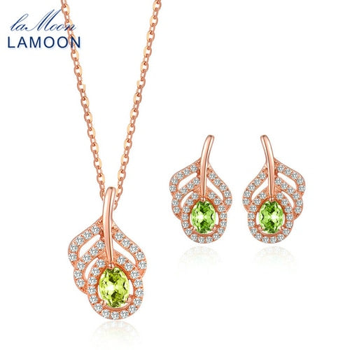 LAMOON Lovely 925 Sterling Silver Natural Oval Peridot Gemstone Jewelry Sets S925 Fine Jewelry for Women Wedding Gift V045-11