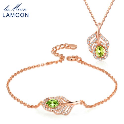 LAMOON Lovely 925 Sterling Silver Natural Oval Peridot Gemstone Jewelry Sets S925 Fine Jewelry for Women Wedding Gift V045-11