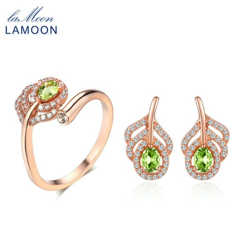 LAMOON Lovely 925 Sterling Silver Natural Oval Peridot Gemstone Jewelry Sets S925 Fine Jewelry for Women Wedding Gift V045-11