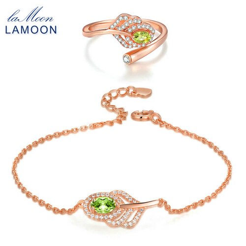 LAMOON Lovely 925 Sterling Silver Natural Oval Peridot Gemstone Jewelry Sets S925 Fine Jewelry for Women Wedding Gift V045-11