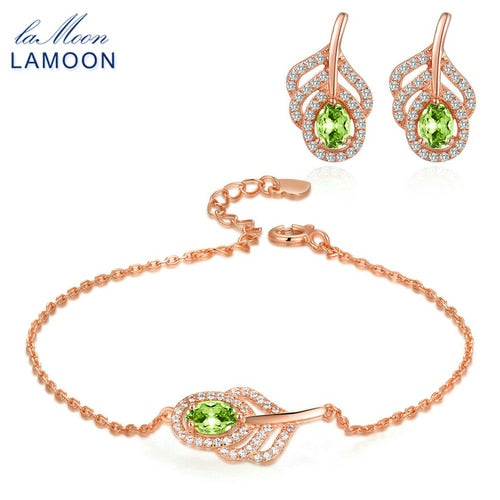 LAMOON Lovely 925 Sterling Silver Natural Oval Peridot Gemstone Jewelry Sets S925 Fine Jewelry for Women Wedding Gift V045-11