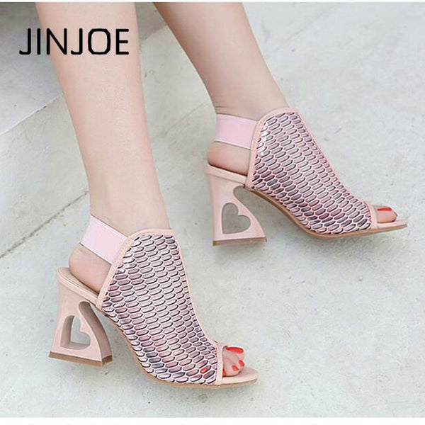 JINJOE 2018 New style shoes Woman Fish mouth Rome Elastic band High-heeled shoes Heteromorphic heel Heart-shaped heel pumps