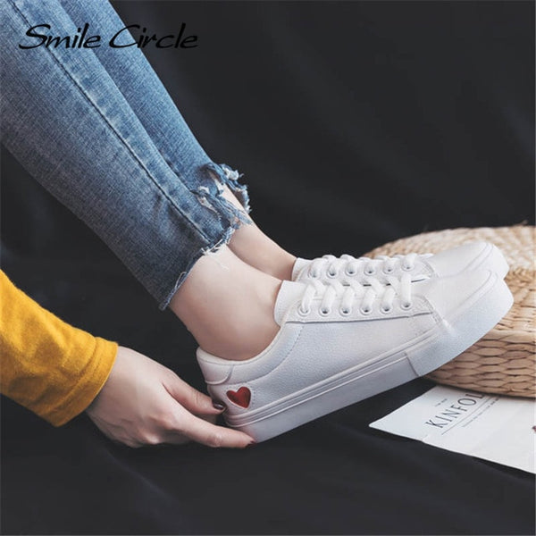 Smile Circle 2018 Spring/Summer White Sneakers Women Ultra-soft Lace-up Casual Shoes Women Flat Platform Shoes Girl shoes A58101