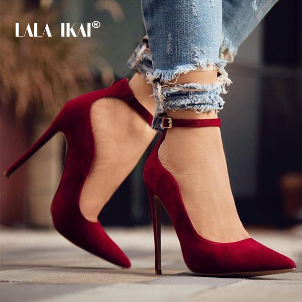 LALA IKAI Ladies Flock Curve Pumps Pointed Toe Buckle Strap Super High Heels For Wedding Sapato Salto Feminino 014C1293 -49