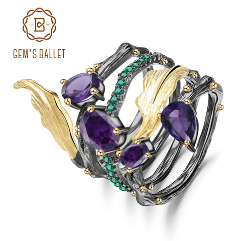 GEM'S BALLET 2.26Ct Natural Amethyst Gemstone Finger Ring 925 Sterling Sliver Vintage Neo-Gothic Rings For Women Fine Jewelry