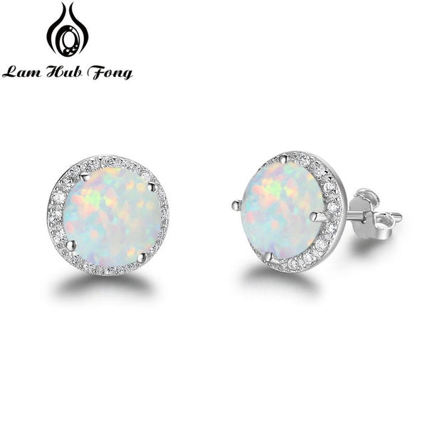 Classic 925 Sterling Silver Stud Earrings Round White Pink Blue Opal Earrings with Cubic Zirconia Jewelry Gift (Lam Hub Fong)