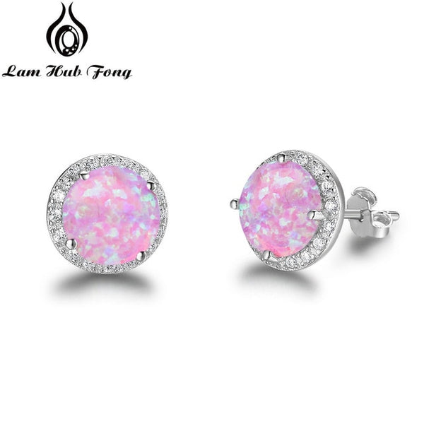 Classic 925 Sterling Silver Stud Earrings Round White Pink Blue Opal Earrings with Cubic Zirconia Jewelry Gift (Lam Hub Fong)