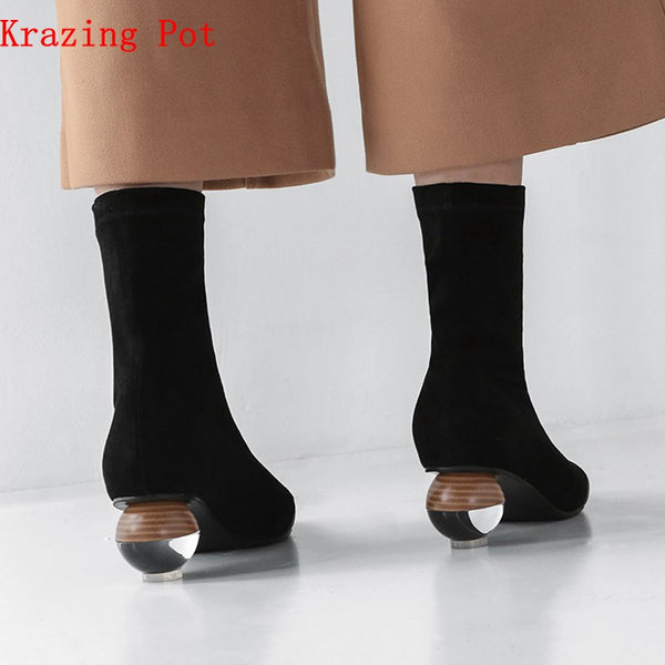 Krazing Pot 2019 cow leather art designer velvet shoes pointed toe stretch boots crystal strange heels luxury Chelsea boots L82