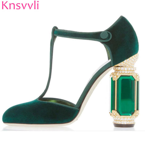 Knsvvli T belt crystal high heel shoes woman gemstone heel buckle banquet shoes women pumps green wine red velvet zapatos mujer