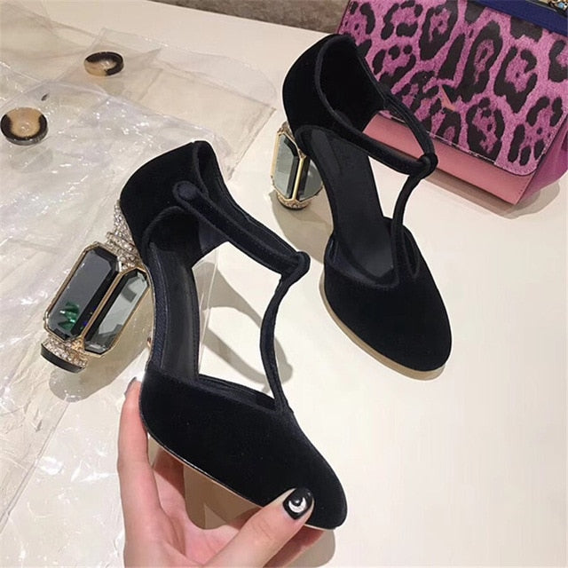 Knsvvli T belt crystal high heel shoes woman gemstone heel buckle banquet shoes women pumps green wine red velvet zapatos mujer