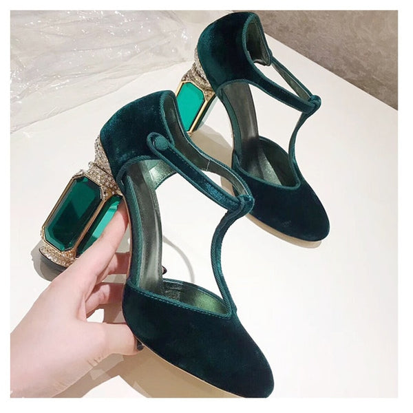 Knsvvli T belt crystal high heel shoes woman gemstone heel buckle banquet shoes women pumps green wine red velvet zapatos mujer