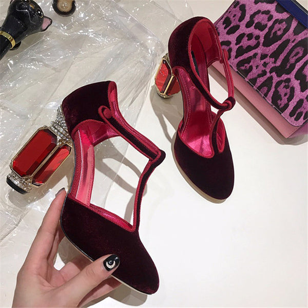 Knsvvli T belt crystal high heel shoes woman gemstone heel buckle banquet shoes women pumps green wine red velvet zapatos mujer