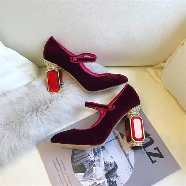 Knsvvli T belt crystal high heel shoes woman gemstone heel buckle banquet shoes women pumps green wine red velvet zapatos mujer