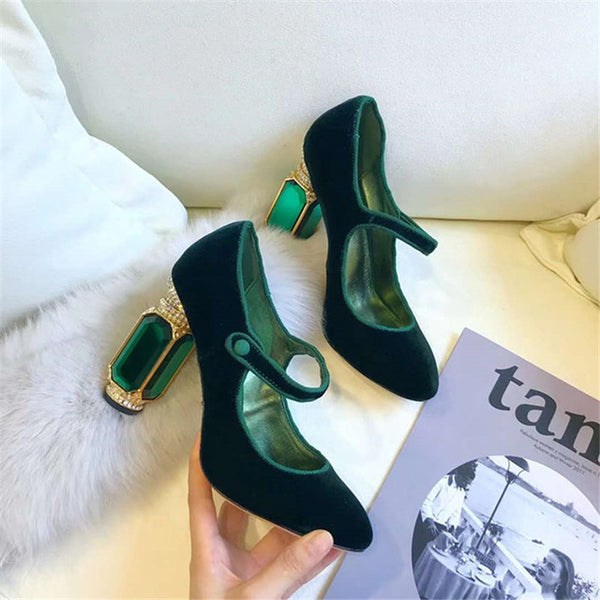 Knsvvli T belt crystal high heel shoes woman gemstone heel buckle banquet shoes women pumps green wine red velvet zapatos mujer