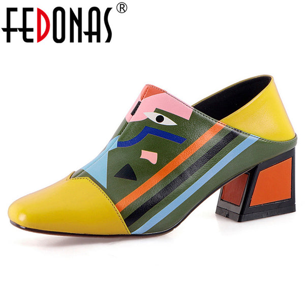 FEDONAS 2019 Fashion Prints Women Synthetic Leather High Heels Party Wedding Shoes Woman Square Toe Spring Summer Basic Pumps