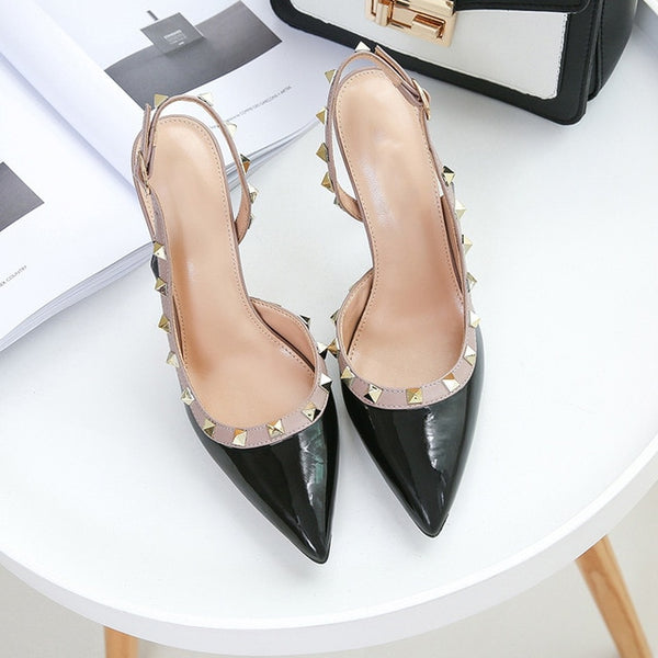 Women Party Shoes High Heels Spring Rivet Pumps Woman Pointed Toe Slip On Thin Heels Female Dress Back Strap Shoes Plus Size DE