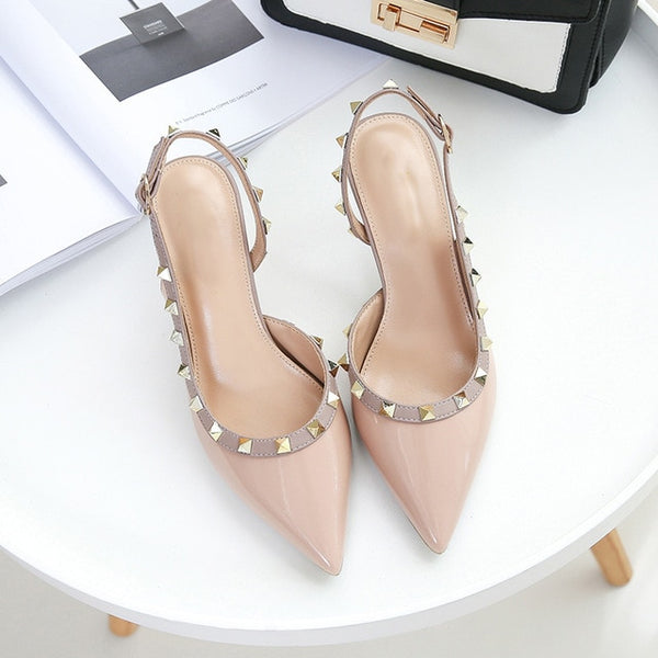 Women Party Shoes High Heels Spring Rivet Pumps Woman Pointed Toe Slip On Thin Heels Female Dress Back Strap Shoes Plus Size DE