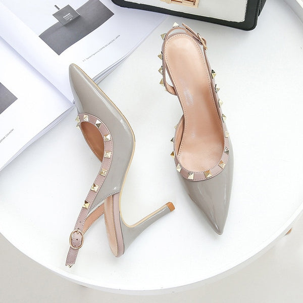 Women Party Shoes High Heels Spring Rivet Pumps Woman Pointed Toe Slip On Thin Heels Female Dress Back Strap Shoes Plus Size DE