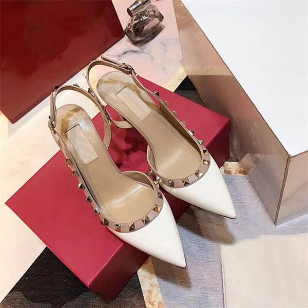 Women Party Shoes High Heels Spring Rivet Pumps Woman Pointed Toe Slip On Thin Heels Female Dress Back Strap Shoes Plus Size DE