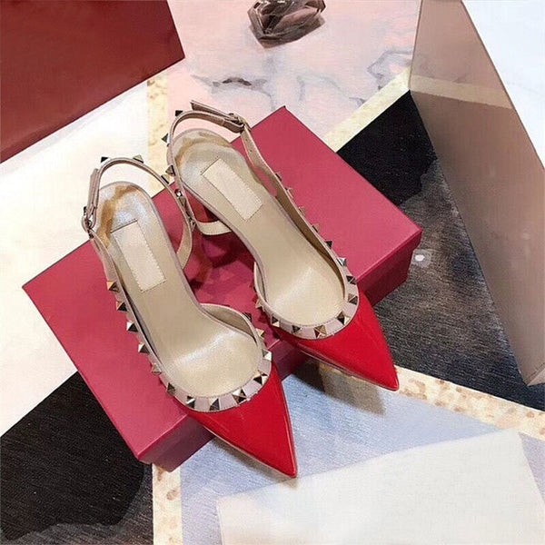 Women Party Shoes High Heels Spring Rivet Pumps Woman Pointed Toe Slip On Thin Heels Female Dress Back Strap Shoes Plus Size DE